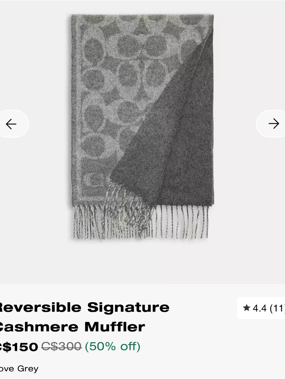100% Cashmere Coach Reversible Signature Scarf in Dove Grey